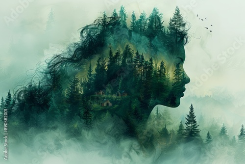 Double exposure of beautiful woman face and green nature on background. Collage of female and trees.