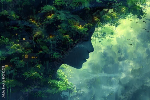 Double exposure of beautiful woman face and green nature on background. Collage of female and trees.