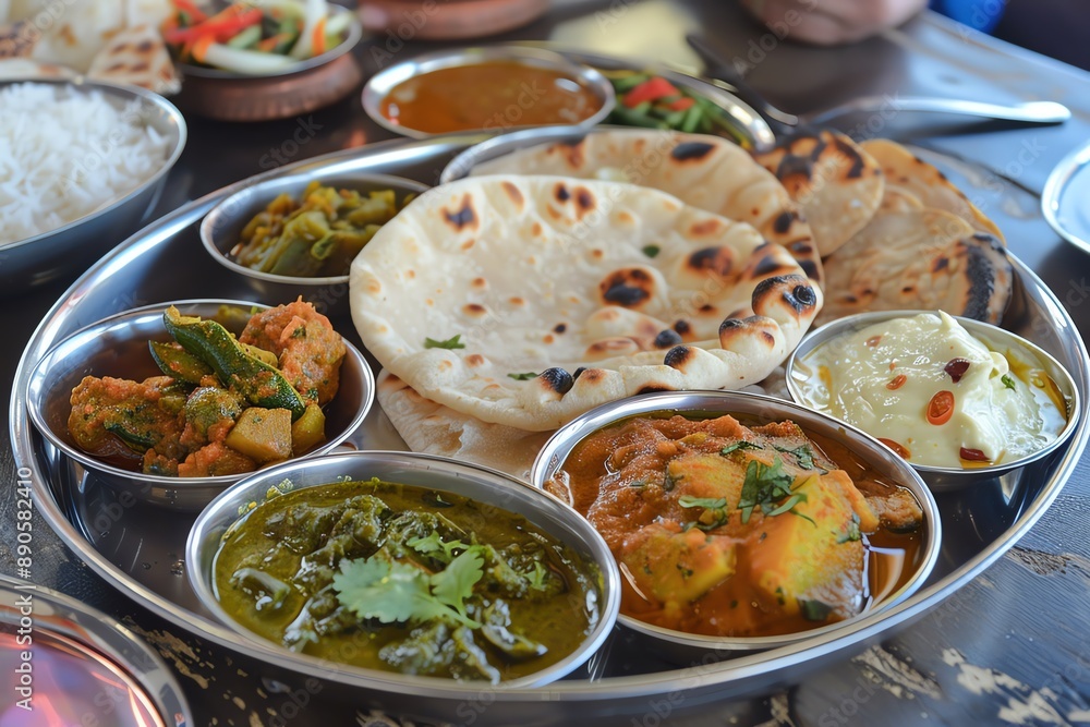 A traditional Indian thali with various curries, rice, and naan bread. A traditional Indian thali with various curries, rice, and naan bread.