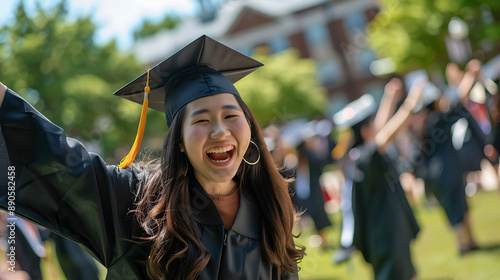 Ecstatic Asian graduate girl in cap and gown, proudly holding her degree, with a beautiful university campus and elated graduates in the background 