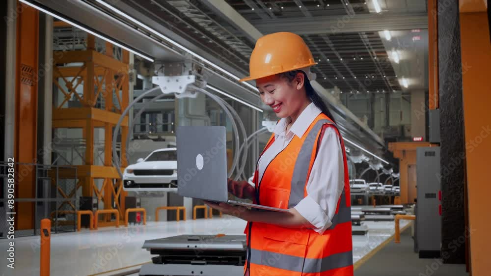 Side View Of Asian Female Engineer With Safety Helmet Working On A Laptop While Standing In EV Car Factory Side View Of Asian Female Engineer With Safety Helmet Working On A Laptop While Standing In EV Car Factory