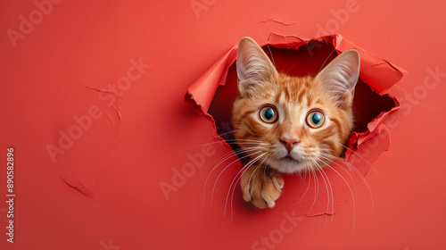 red cat breaking through paper hole, banner with copy space