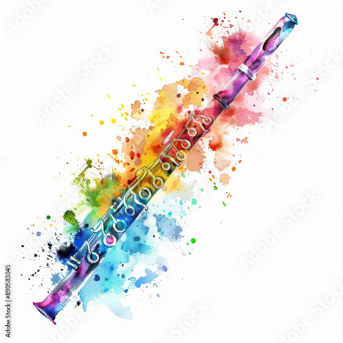 A colorful watercolor illustration of a flute, displaying a spectrum of bright and lively colors, isolated on white background. photo