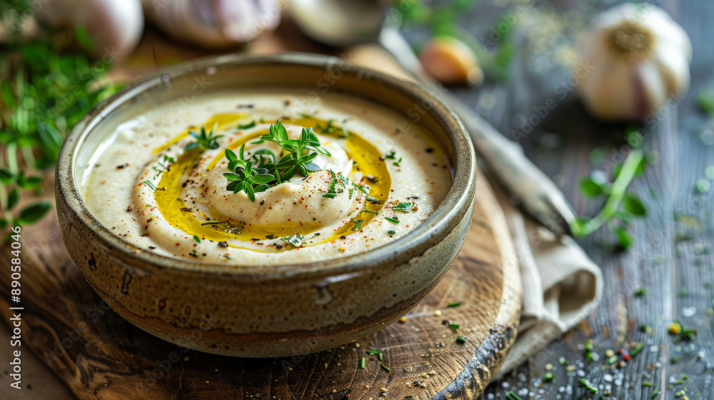 Rustic bowl of roasted garlic puree soup, garnished with a swirl of olive oil and fresh herbs, on a wooden cutting board.