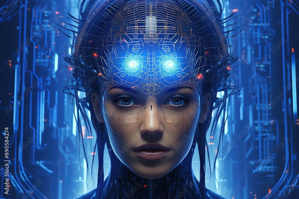 Futuristic AI female cyborg with glowing blue eyes and intricate circuits, symbolizing advanced technology and artificial intelligence. Futuristic AI female cyborg with glowing blue eyes and intricate circuits, symbolizing advanced technology and artificial intelligence.