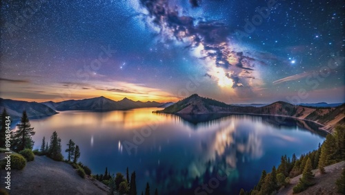Crater lake reflecting the Milky Way in night sky, starry, astronomy, landscape, surreal, beauty