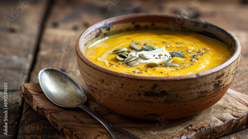 A rustic bowl of spiced pumpkin puree soup, garnished with toasted pumpkin seeds and a dollop of crÃ¨me fraÃ®che, set on a wooden table with a spoon. photo