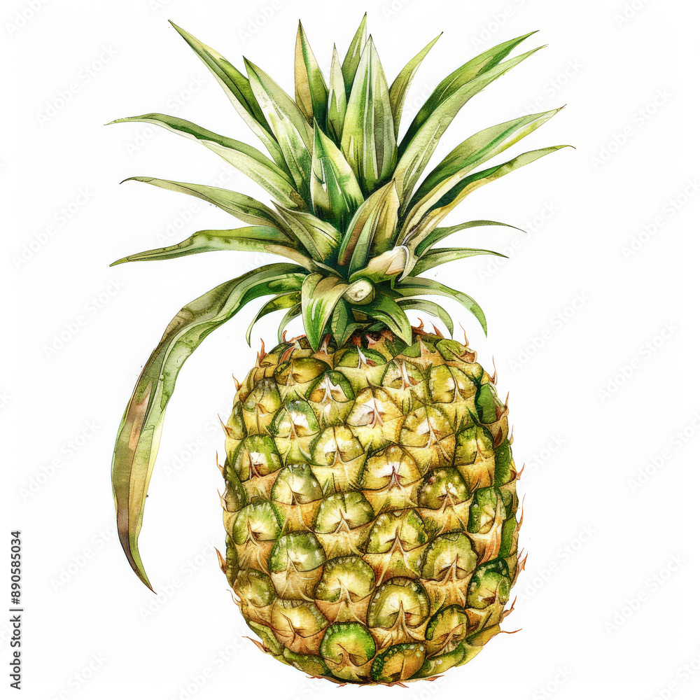 Fototapeta premium A watercolor painting of a fresh pineapple, with detailed textures of the spiky skin and green leaves, isolated on white background.