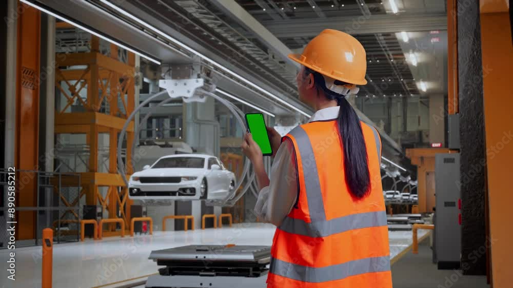 Back View Of Asian Female Engineer With Safety Helmet Working On A Green Screen Smartphone And Looking Around In EV Car Factory Back View Of Asian Female Engineer With Safety Helmet Working On A Green Screen Smartphone And Looking Around In EV Car Factory