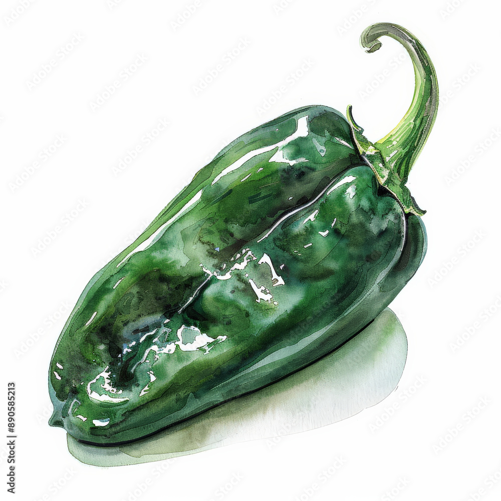 A watercolor painting of a fresh poblano pepper, showcasing its dark green skin and subtle sheen, isolated on white background.