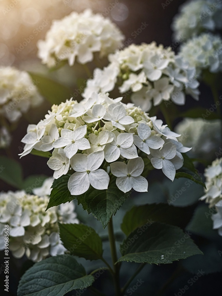 Dreamy art image of small white hydrangea flowers, with selective focus and textured background Dreamy art image of small white hydrangea flowers, with selective focus and textured background