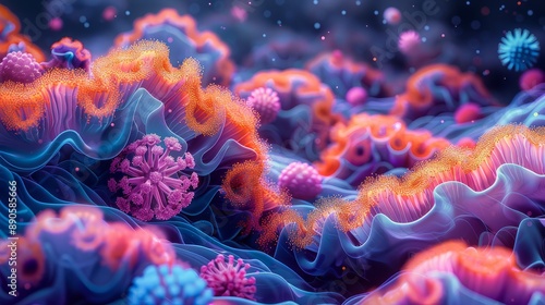 Macro illustration of underwater bacteria, biological research of micro organisms at microscopic level