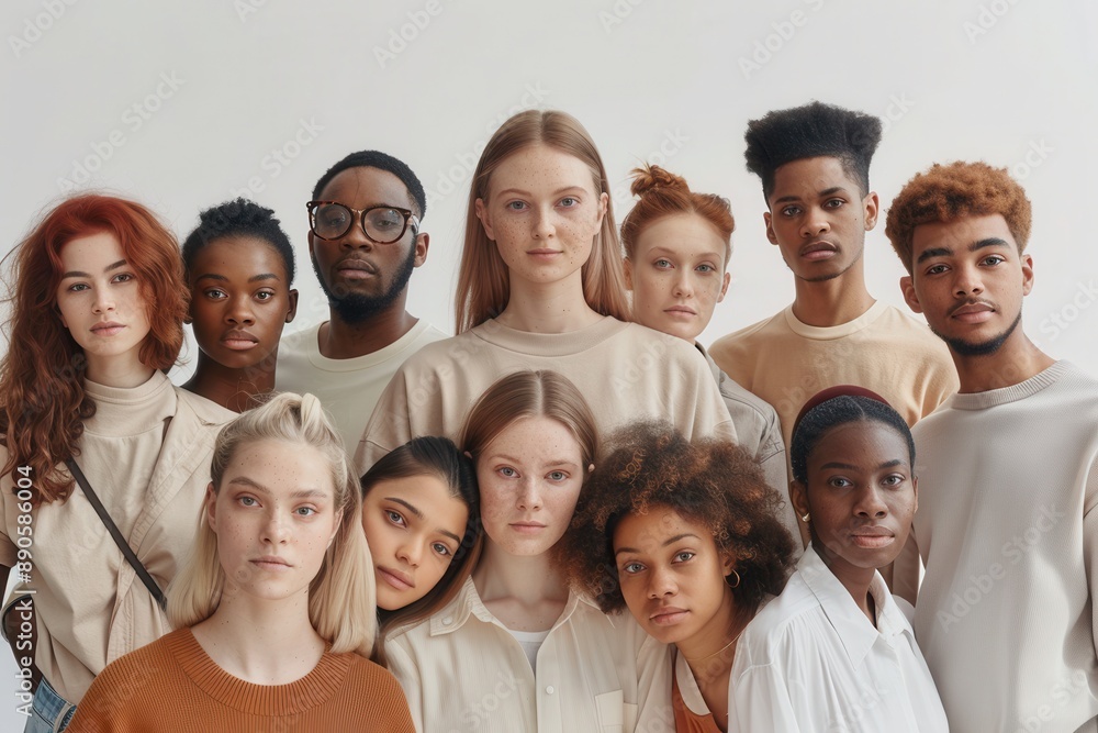Obraz premium Diverse group of people standing together, showcasing unity and diversity, against a white background.