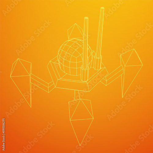 Spider robot with radar antenna. Nanobot, nanotechnology medical concept. Wireframe low poly mesh vector illustration