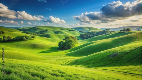 Rolling hills covered in lush green grass under clear blue sky, landscape, countryside, serene, tranquility, scenic