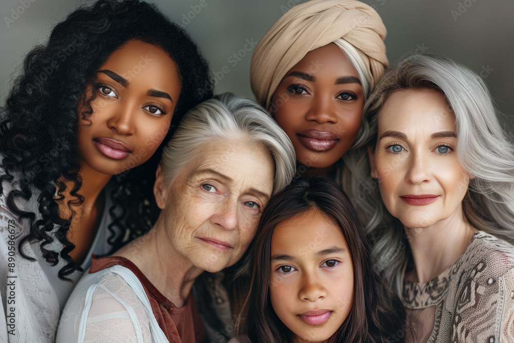 Portrait of diverse women across generations, celebrating beauty, unity, and strength in a multicultural group. Portrait of diverse women across generations, celebrating beauty, unity, and strength in a multicultural group.