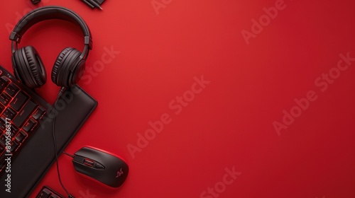 Black mouse, keyboard, headphones isolated on red background, top view. Flat lay gamer background. Copy space