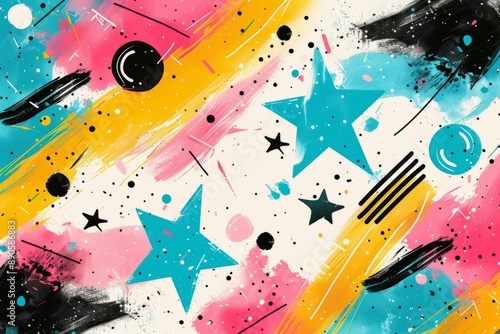 Abstract pattern illustration with hand drawn style stars and vibrant colorful painted strokes, art for kids