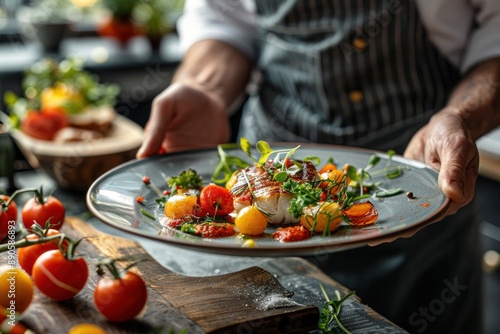 A food photographer arranges a beautifully styled table setting featuring gourmet dishes The vibrant colors and textures of the food are highlighted with perfect lighting The photographer takes