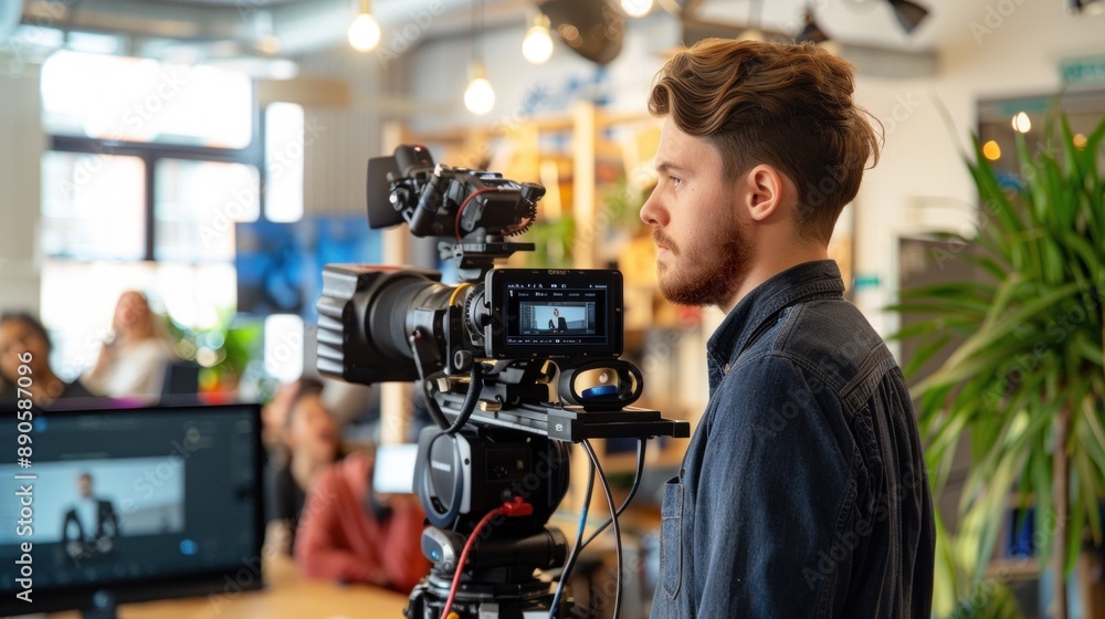 A corporate videographer films a promotional video for a tech startup The video includes interviews with the founders product demonstrations and footage of the team working in the office The A corporate videographer films a promotional video for a tech startup The video includes interviews with the founders product demonstrations and footage of the team working in the office The