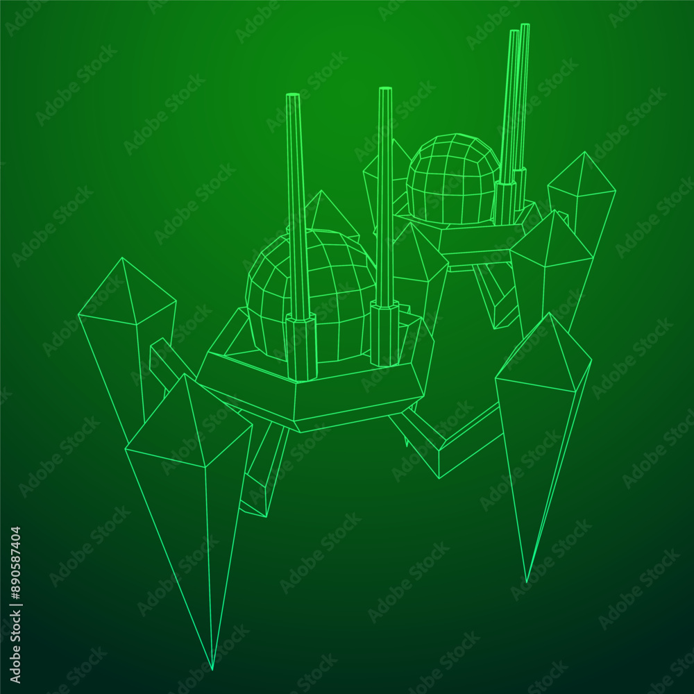 Spider robot with radar antenna. Nanobot, nanotechnology medical concept. Wireframe low poly mesh vector illustration Spider robot with radar antenna. Nanobot, nanotechnology medical concept. Wireframe low poly mesh vector illustration