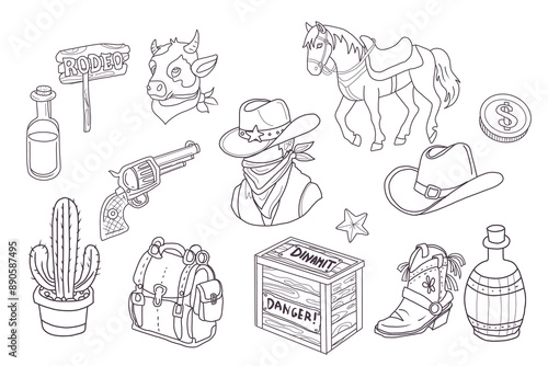 Hand drawn vector western set. Cowboy, horse, cowboy boots, hat, colt, cactus, bull.