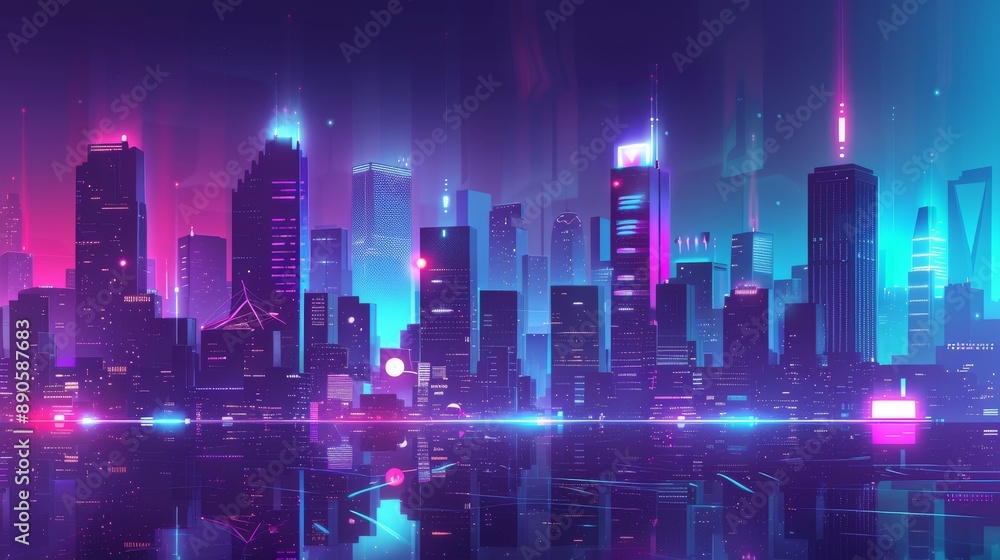 Futuristic cityscape with neon lights and tall buildings Futuristic cityscape with neon lights and tall buildings