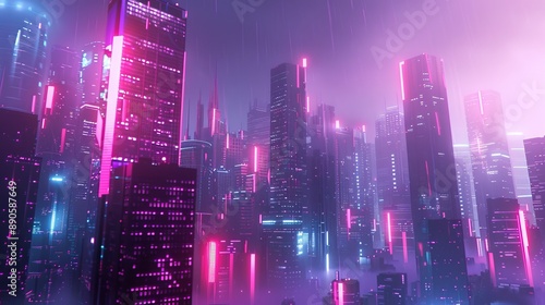 Wallpaper Mural Futuristic cityscape with neon lights and tall buildings Torontodigital.ca