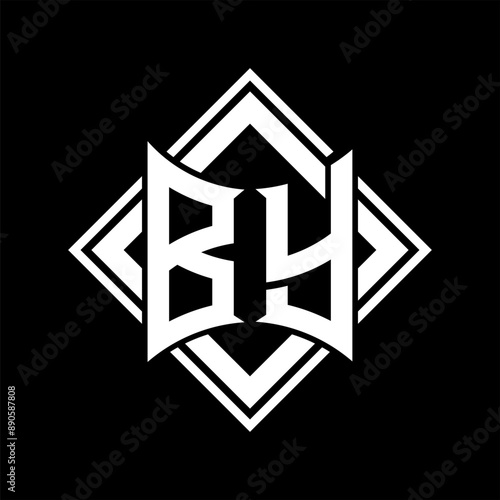 BY Letter logo abstract shield shape with square white outline on black background template