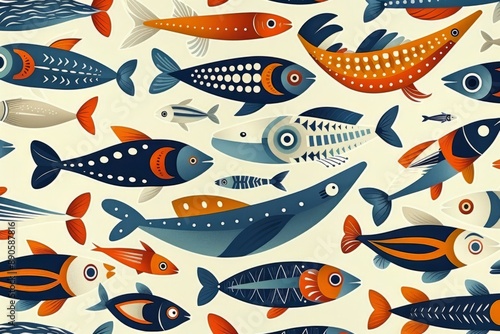 Flat design multiple fishes background or poster. Popular fish species collection.