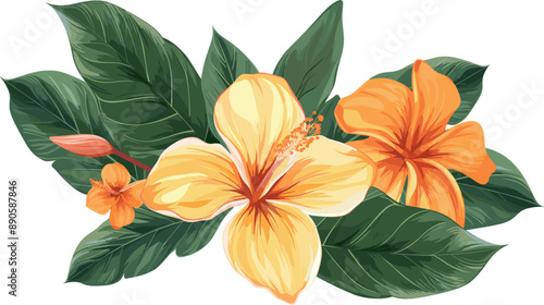 flowers and leaves in color style, 3 blooming flowers with yellow and orange petals with green leaves