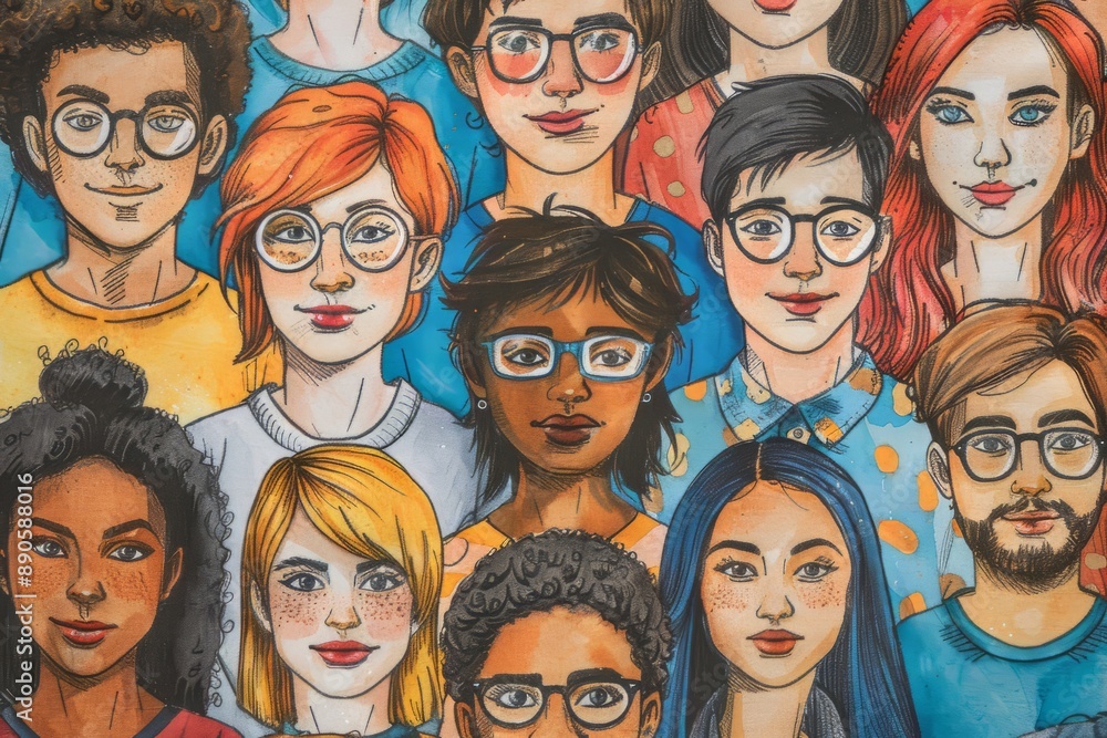 Illustration in hand drawn style of diverse community coming together in unity. Smiling crowd of people showing Inclusion and diversity concept. Illustration in hand drawn style of diverse community coming together in unity. Smiling crowd of people showing Inclusion and diversity concept.