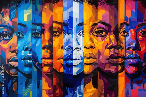 Collage illustration of female community coming together in unity. Colorful crowd of people showing Inclusion and diversity concept.