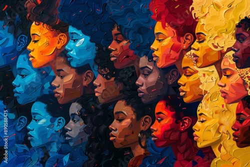 Illustration of female community coming together in unity. Colorful crowd of people showing Inclusion and diversity concept.