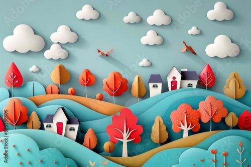 Colorful paper style illustration of cityscape and trees, modern vibrant poster or banner background