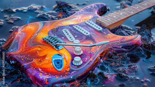 guitar art it must look like an electric guitar that was crafted from pour painting and you must be able to see the guitar in the briliant colors this is a controlled piece of artgenerative ai