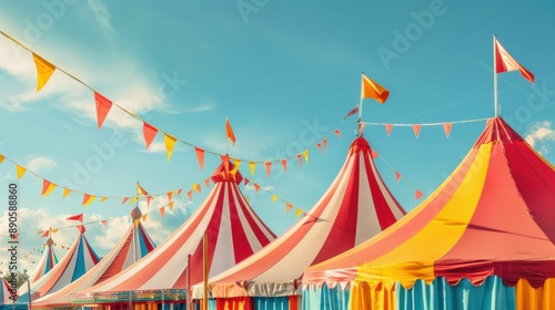 A row of bright carnival tents adorned with flags and pennants under a sunny blue sky, evoking a festive and joyful atmosphere.