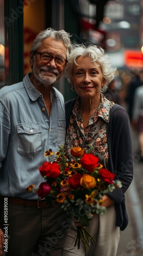 Beautiful senior couple embracing and smiling while standing on the street together
