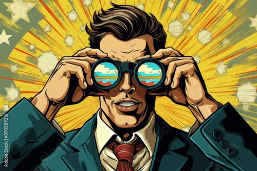 pop art Illustration of comics style confident  businessman in formalwear looking through binoculars