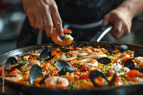 Closeup of a hand adding a shrimp to a pan of paella.