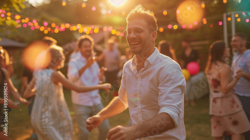 Tanzender Mann bei Gartenparty im Sommer