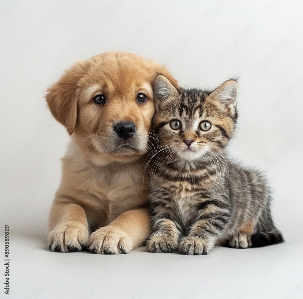 Labrador puppy and tabby cat, sitting together Labrador puppy and tabby cat, sitting together
