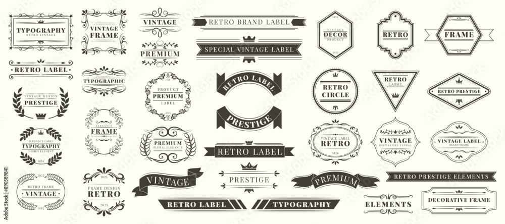 Element design. Logo retro collection, elegant text, decoration ornament graphic. Label, geometric frame, ribbon flourish, swirl luxury, crown antique. Elegant filigree form. Vector garish calligraphy Element design. Logo retro collection, elegant text, decoration ornament graphic. Label, geometric frame, ribbon flourish, swirl luxury, crown antique. Elegant filigree form. Vector garish calligraphy