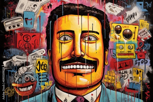 Vibrant colorful collage illustration of man in graffiti style. Modern art drawing poster 