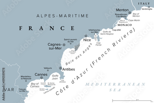 Monaco, Nice and Cannes, gray political map. The coastal strip of Alpes-Maritimes, a department of France, located on the French Riviera and Mediterranean Sea. With microstate Principality of Monaco.
