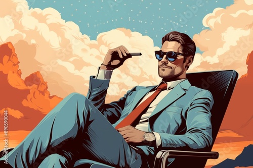 pop art Illustration of comics style confident  businessman in formalwear sitting in comfortable chair