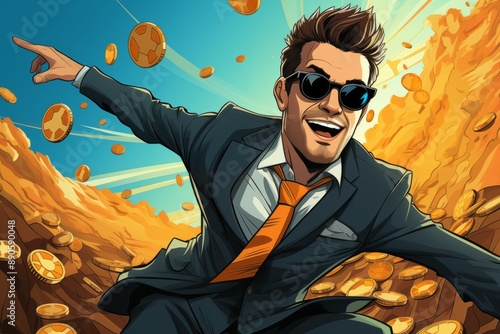 Illustration of comics style happy businessman in formalwear smiling against multiple bitcoins on background