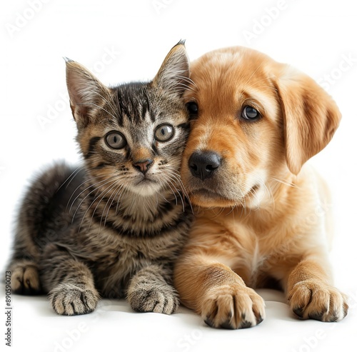 Labrador puppy and tabby cat, sitting together