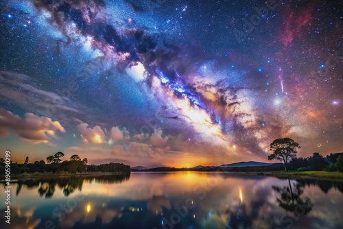 Stunning night landscape featuring the Milky Way galaxy, galaxy M87, and the lagoon nebula, galaxy M87, astronomy, space, night sky, universe