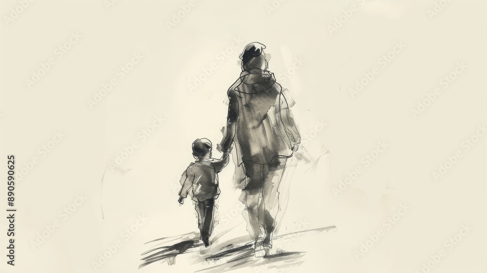 Fototapeta premium A minimalist sketch of a mother and child walking together, holding hands.
